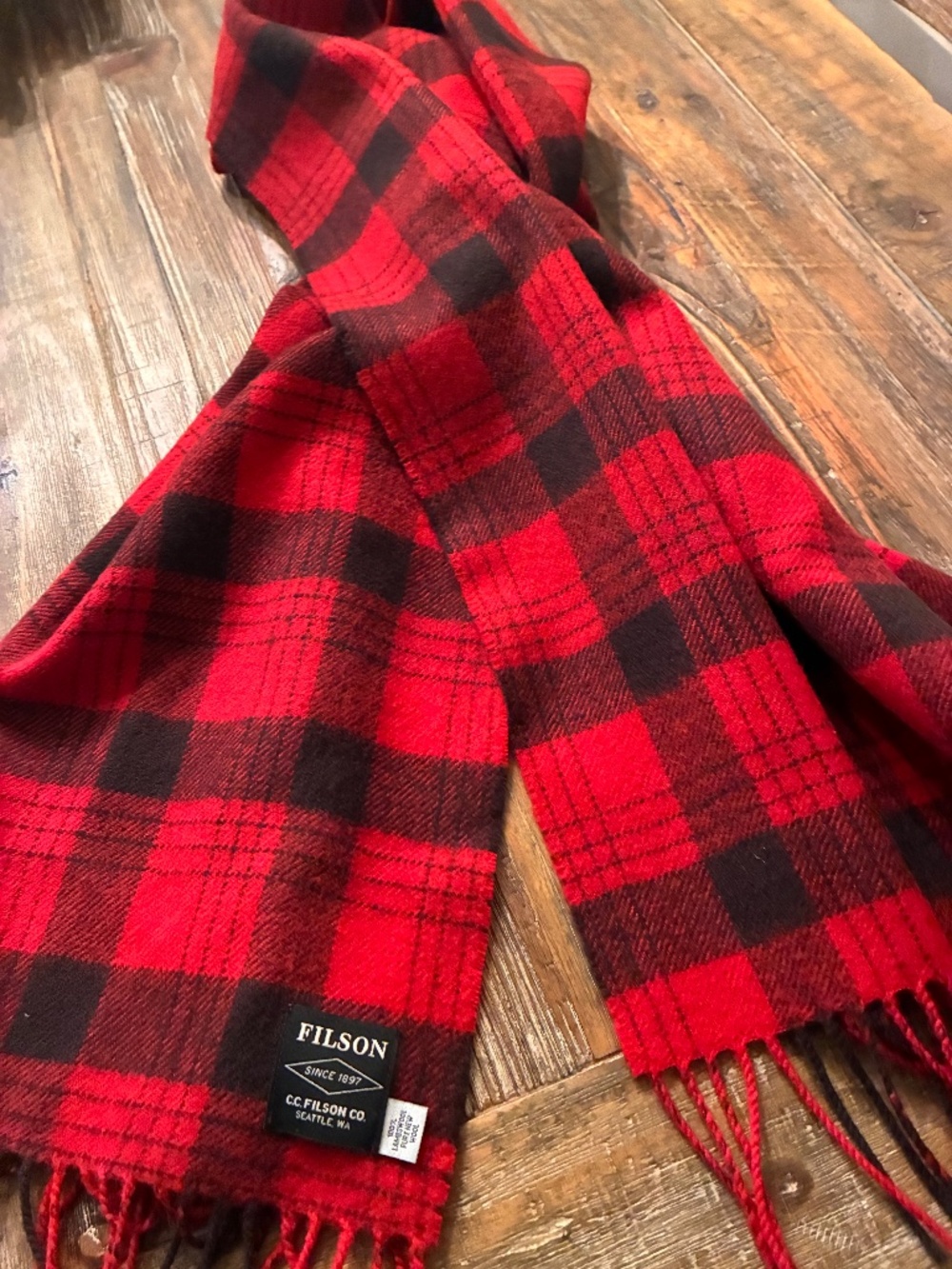 Filson plaid red and black wool scarf
